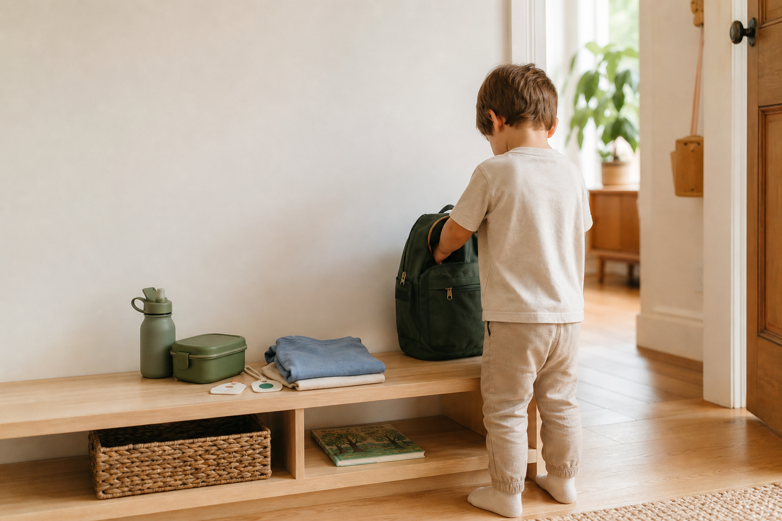 Preschool backpack, water bottle, lunch box, and spare clothes arranged for the first school day