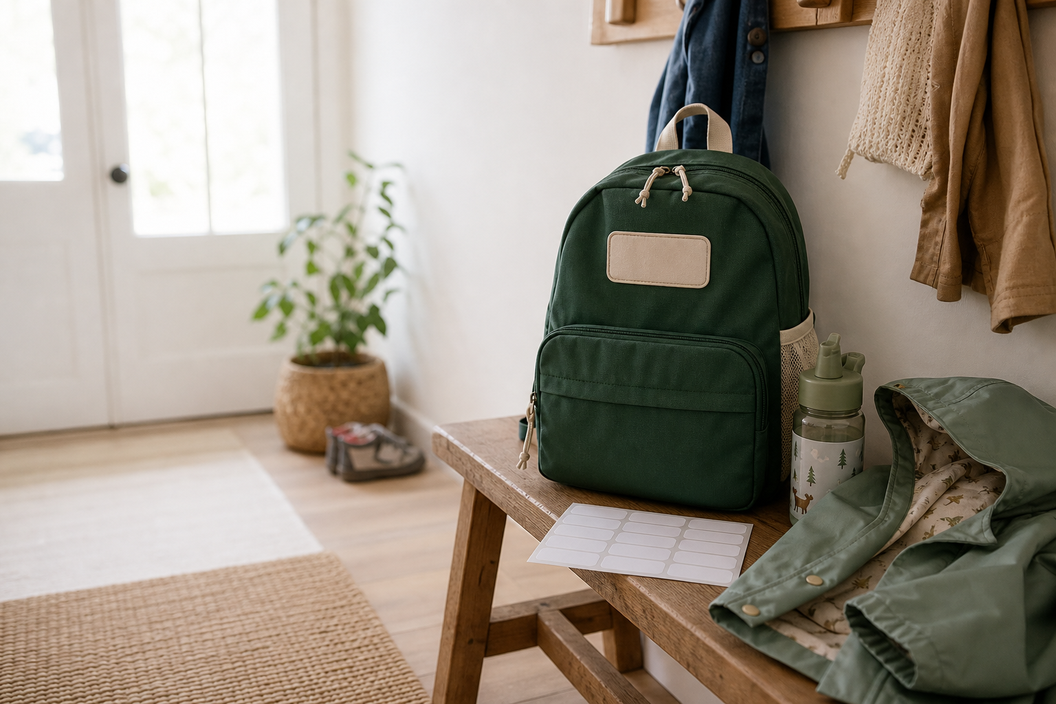 A preschool backpack, rain jacket, water bottle, and blank name labels on a wooden bench