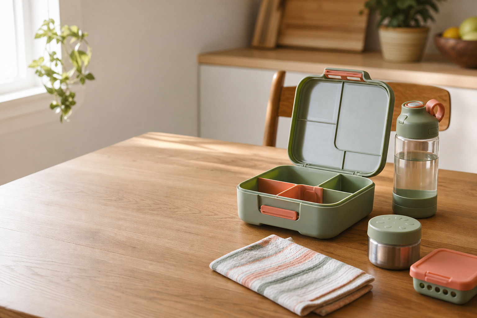 A child-size lunch box and water bottle arranged on a wooden kitchen table
