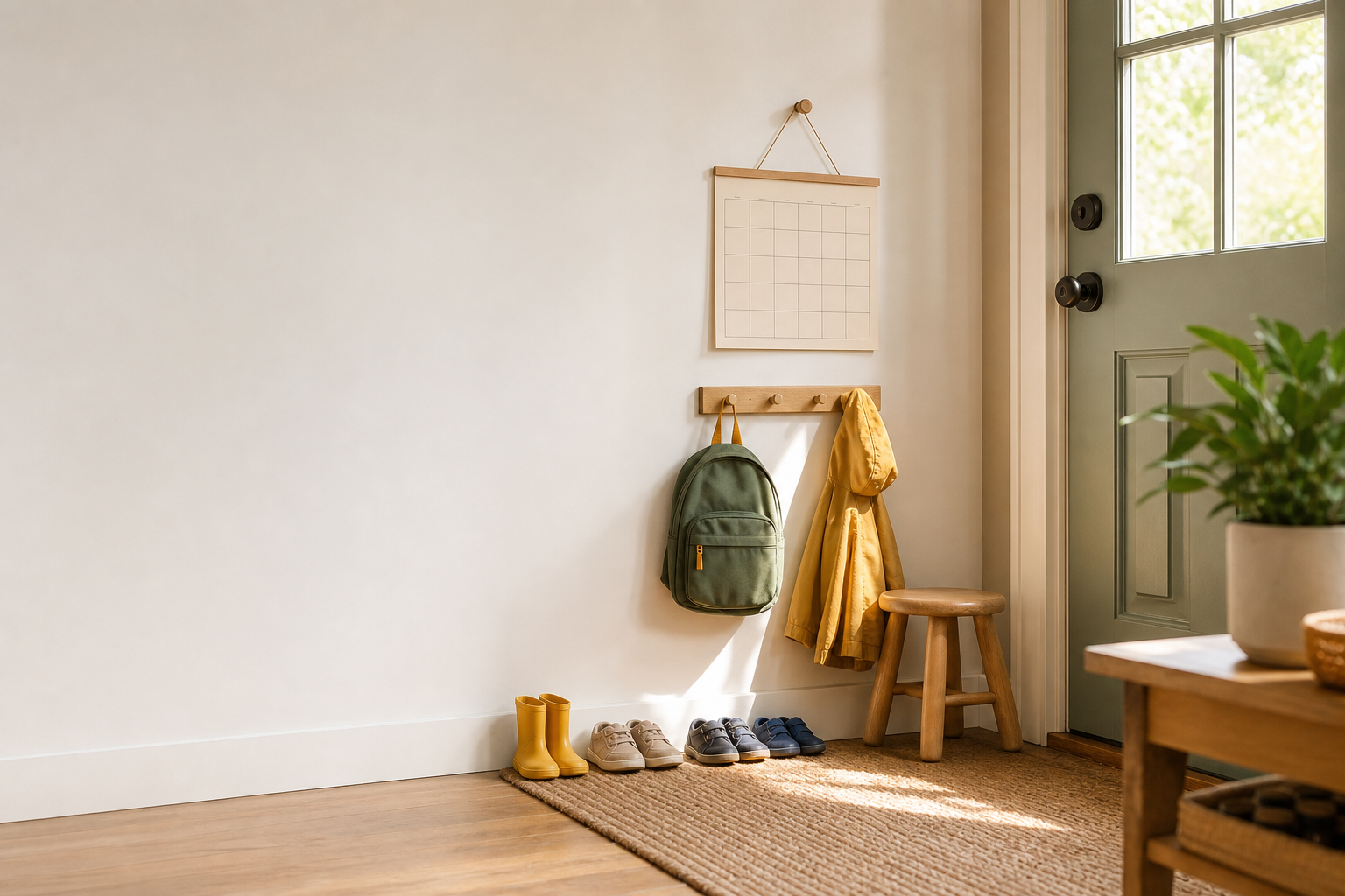 A parent and preschool child preparing calmly near a front door