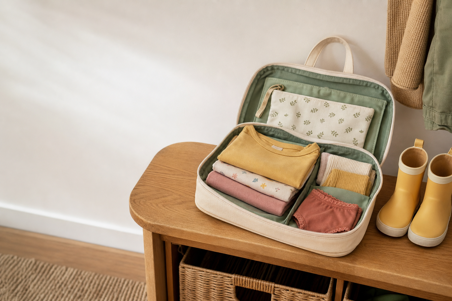 A neatly packed preschool bag with folded spare clothes and a small wet bag
