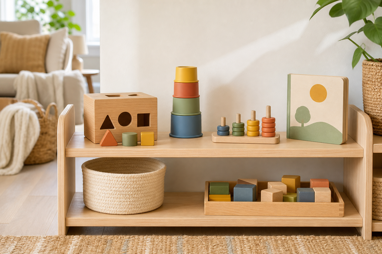 A calm toddler play shelf with a shape sorter, stacking cups, wooden blocks, and a board book